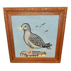 Vintage Framed Seagull Cross-Stitch Art – Nautical Coastal Cottage Beach Decor